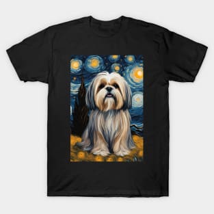 Cute Lhasa Apso Dog Breed Painting in a Van Gogh Starry Night Art Style T-Shirt